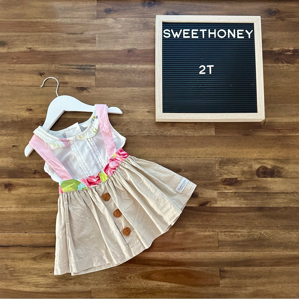 NEW SweetHoney OG Schoolgirl Jumper Dress  Set 2T Pink Floral Tan Linen
